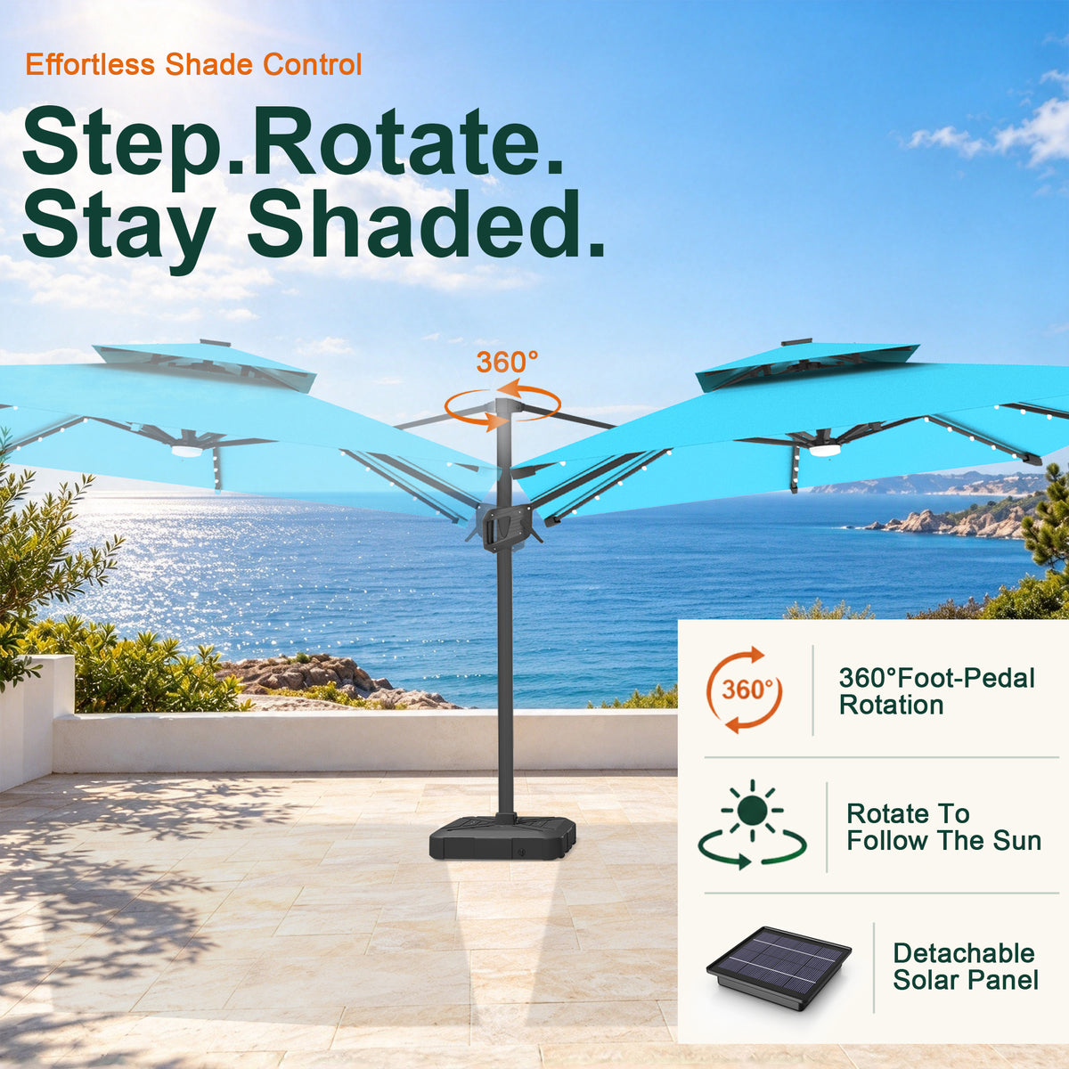 Underside detail of the Aegis Pro cantilever umbrella showing reinforced ribs and LED lights - Sunshade