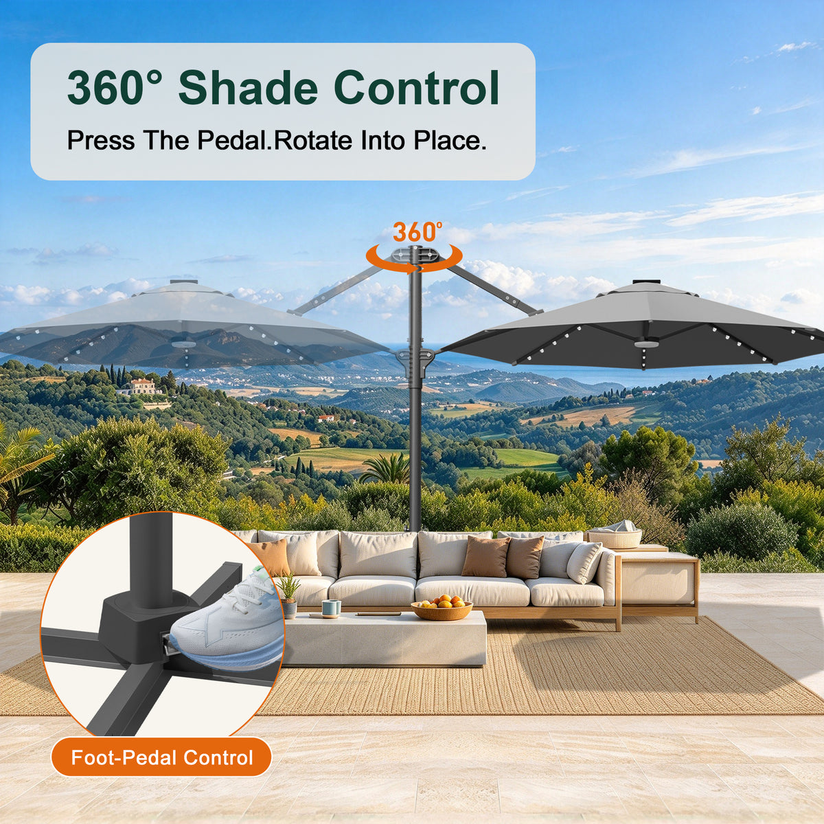 Charcoal round cantilever umbrella with foot-pedal control for 360° rotation - Sunshade