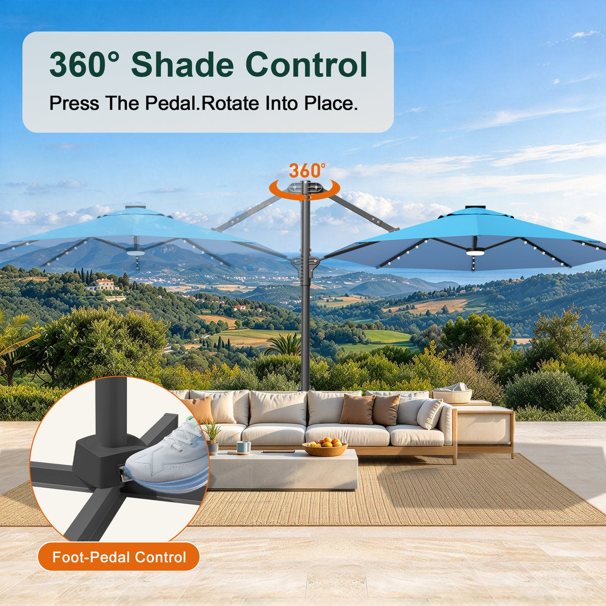 Turquoise round cantilever umbrella with foot-pedal control for 360° rotation - Sunshade