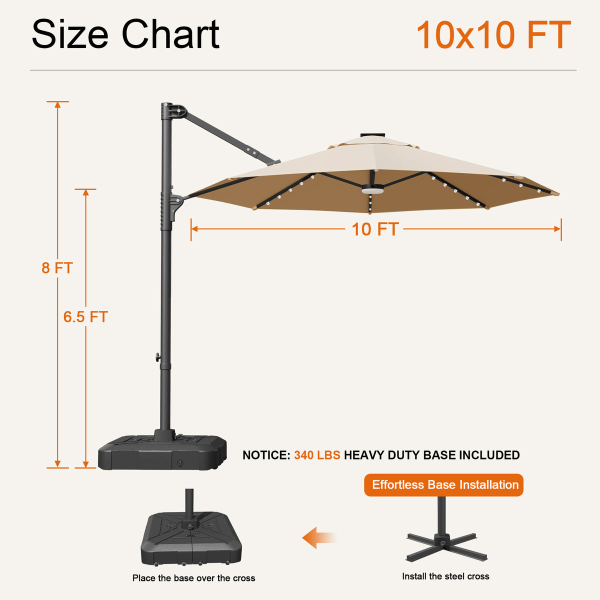 Beige Aegis Pro round LED cantilever umbrella size chart: 10 x 10 ft, 8 ft tall, 6.5 ft clearance - Sunshade