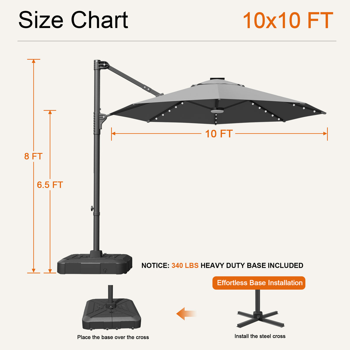 Charcoal Aegis Pro round LED cantilever umbrella size chart: 10 x 10 ft, 8 ft tall, 6.5 ft clearance - Sunshade