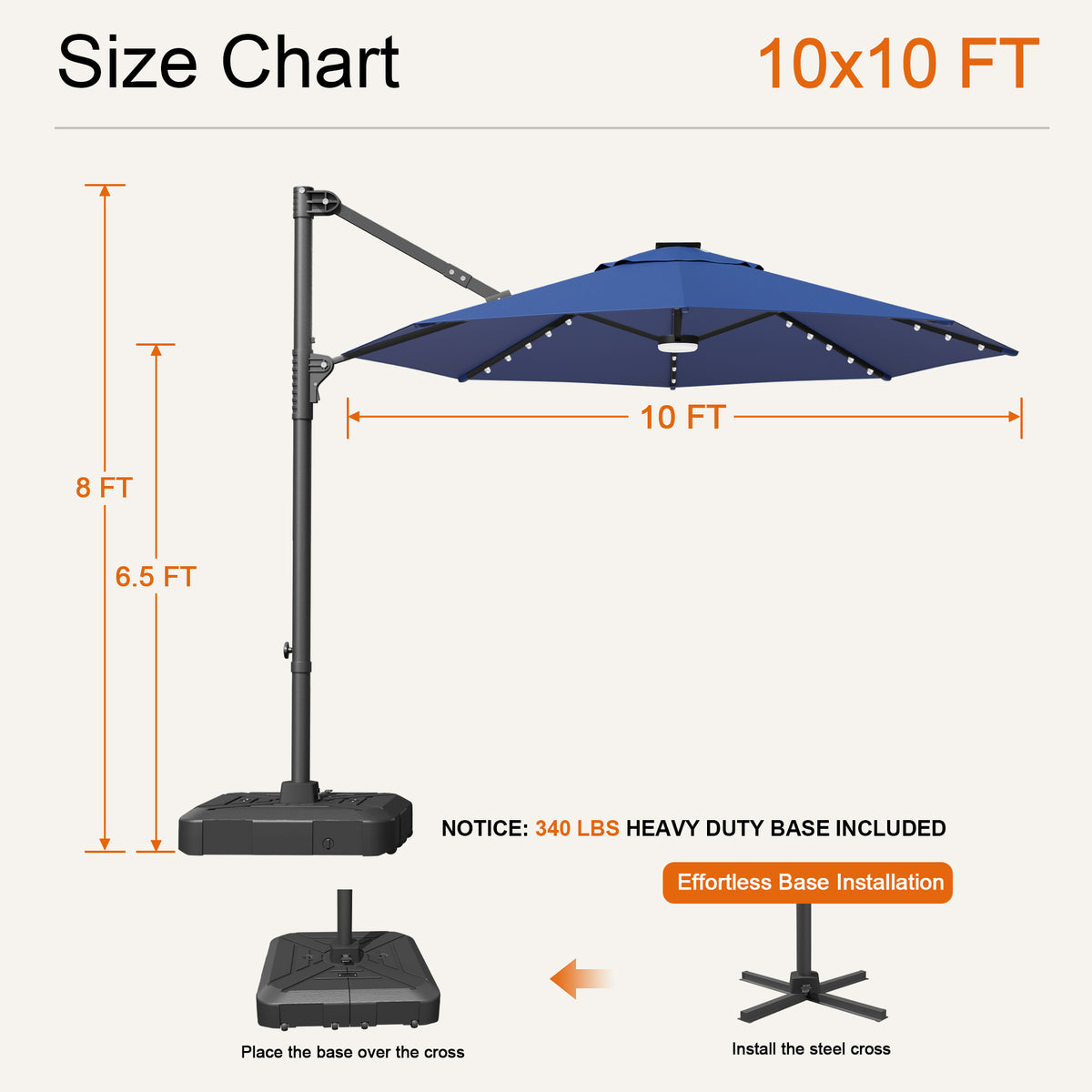 Navy blue Aegis Pro round LED cantilever umbrella size chart: 10 x 10 ft, 8 ft tall, 6.5 ft clearance - Sunshade
