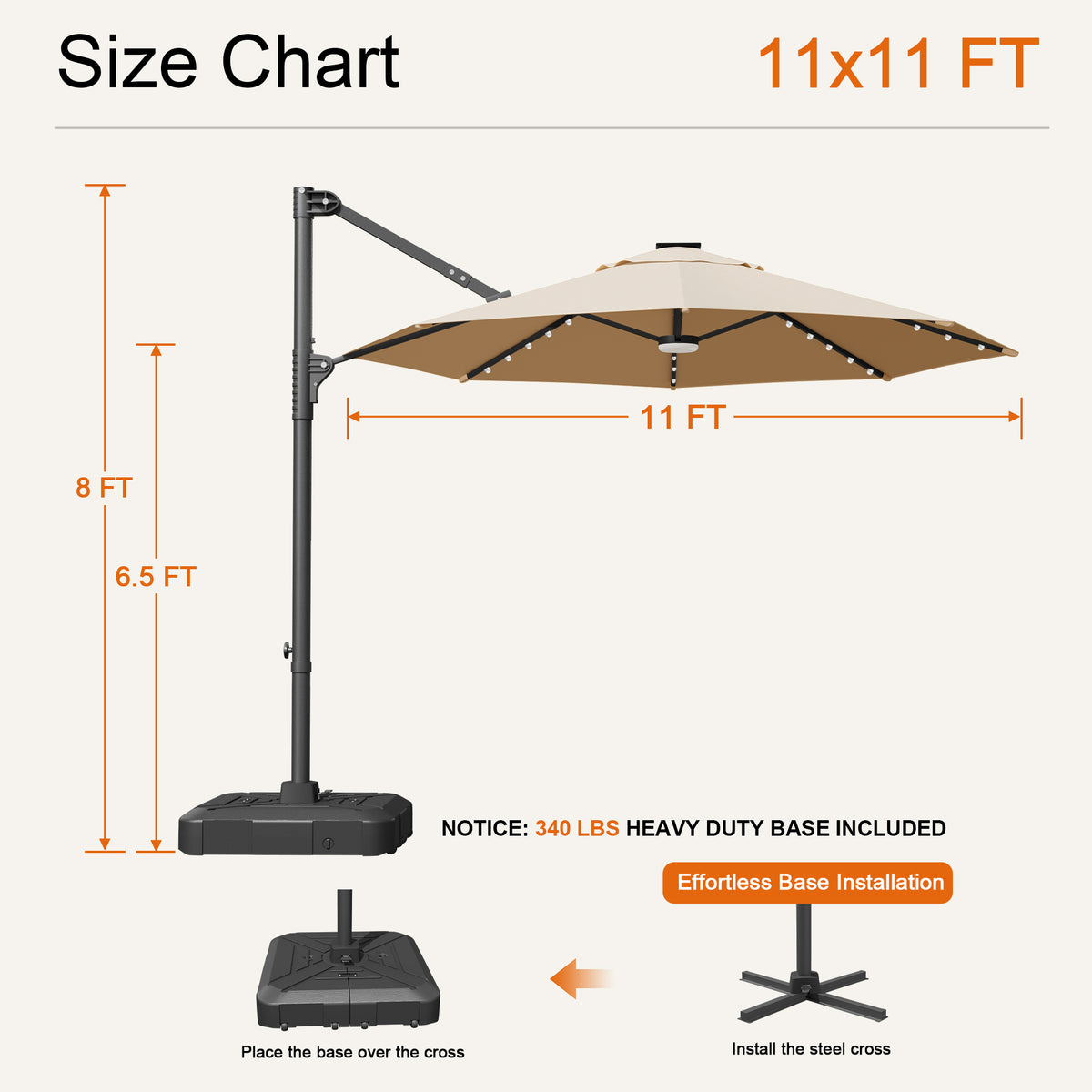 Beige Aegis Pro round LED cantilever umbrella size chart: 11 x 11 ft, 8 ft tall, 6.5 ft clearance - Sunshade