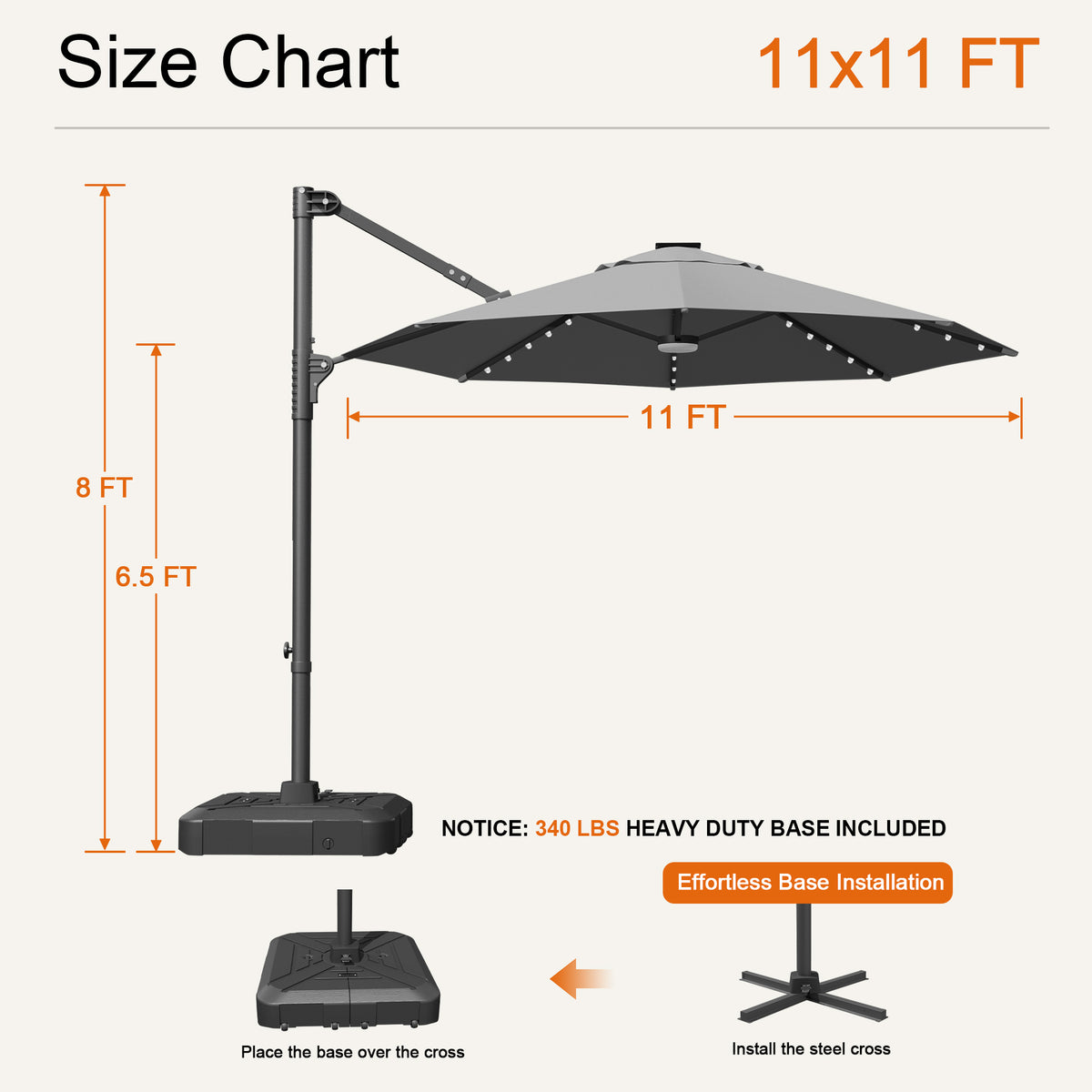 Charcoal Aegis Pro round LED cantilever umbrella size chart: 11 x 11 ft, 8 ft tall, 6.5 ft clearance - Sunshade
