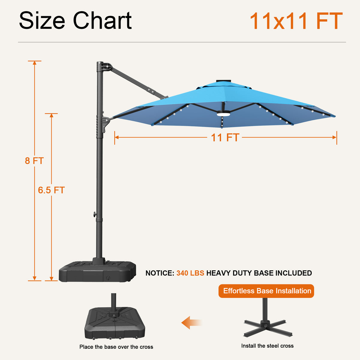 Turquoise Aegis Pro round LED cantilever umbrella size chart: 11 x 11 ft, 8 ft tall, 6.5 ft clearance - Sunshade