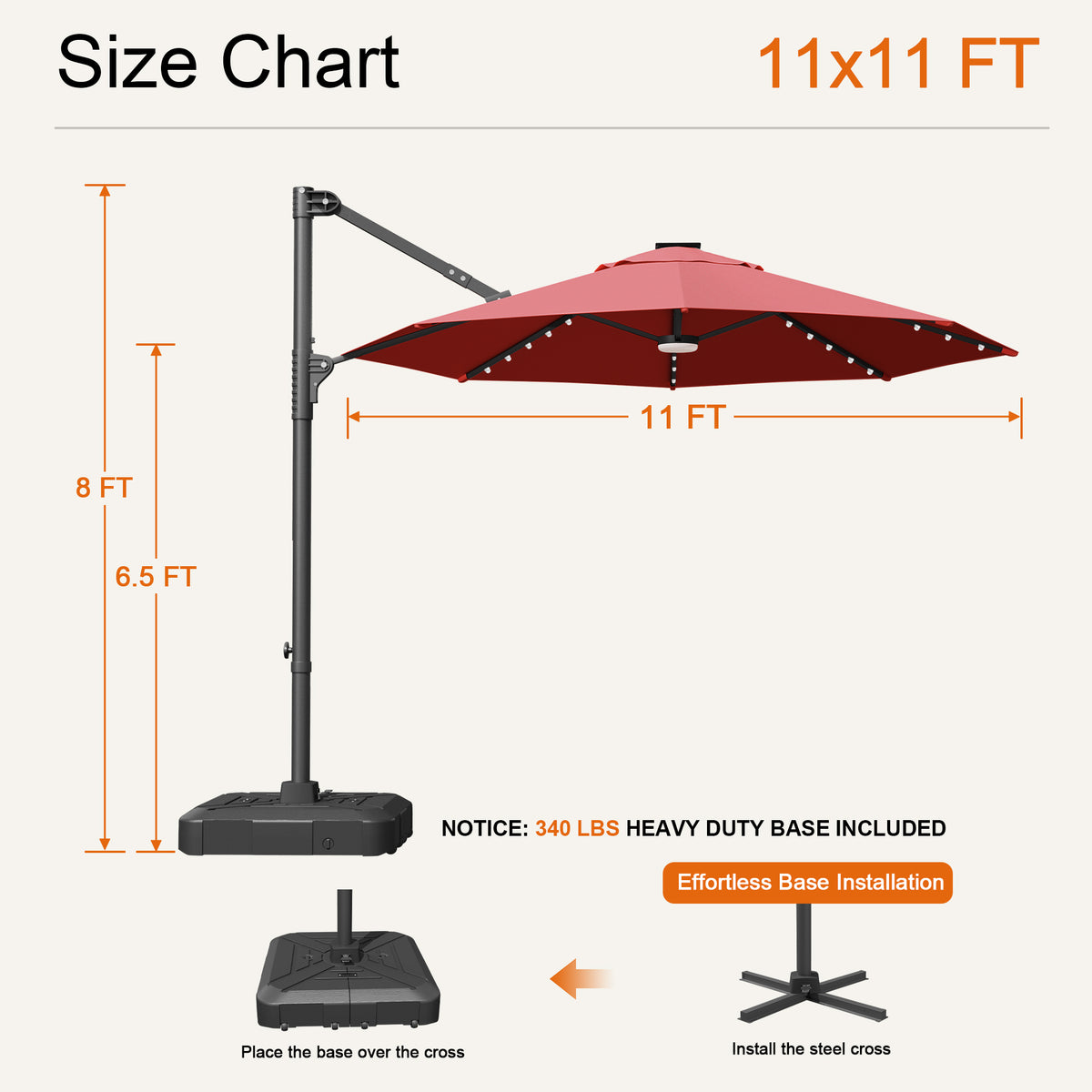 Burgundy Aegis Pro round LED cantilever umbrella size chart: 11 x 11 ft, 8 ft tall, 6.5 ft clearance - Sunshade