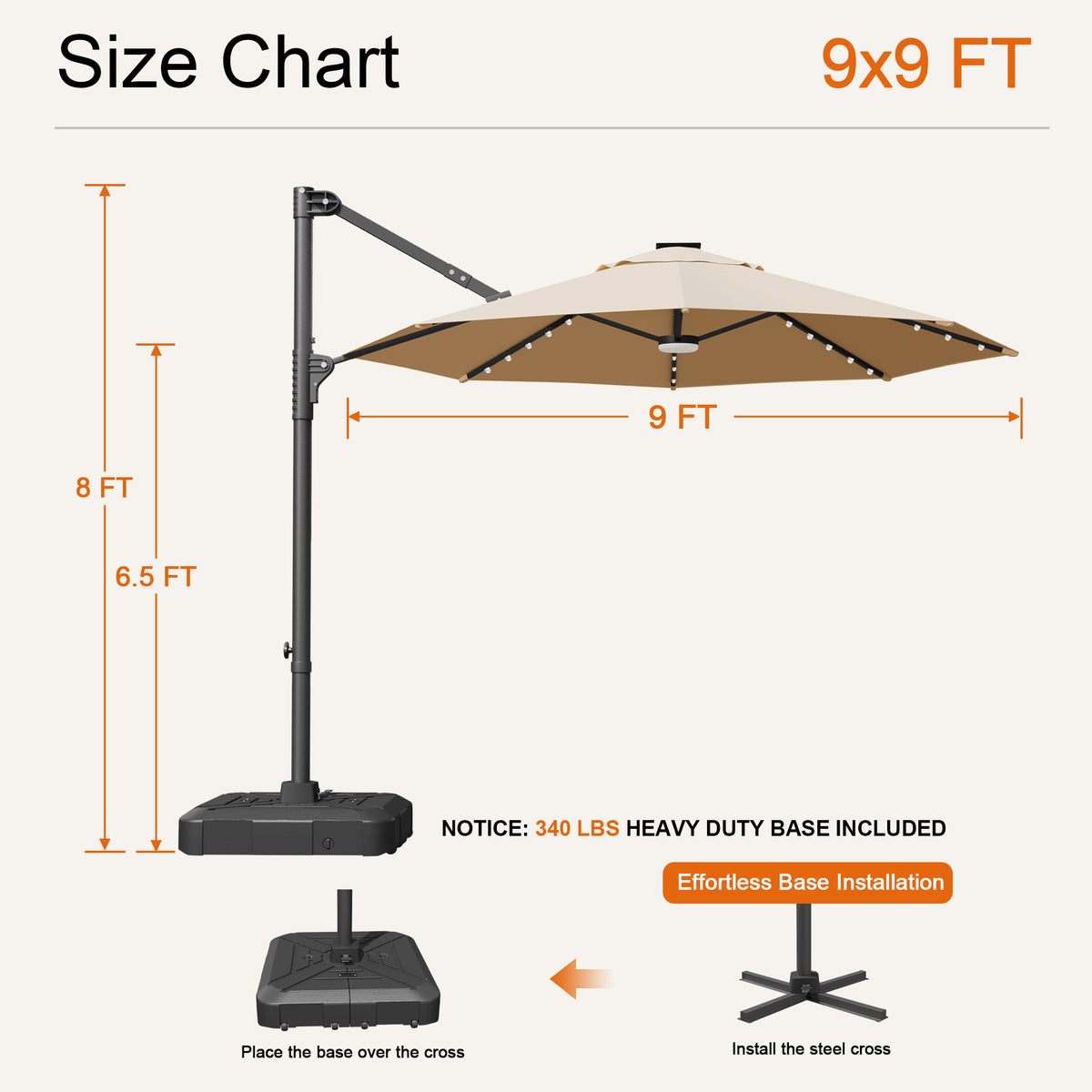 Beige Aegis Pro round LED cantilever umbrella size chart: 9 x 9 ft, 8 ft tall, 6.5 ft clearance - Sunshade