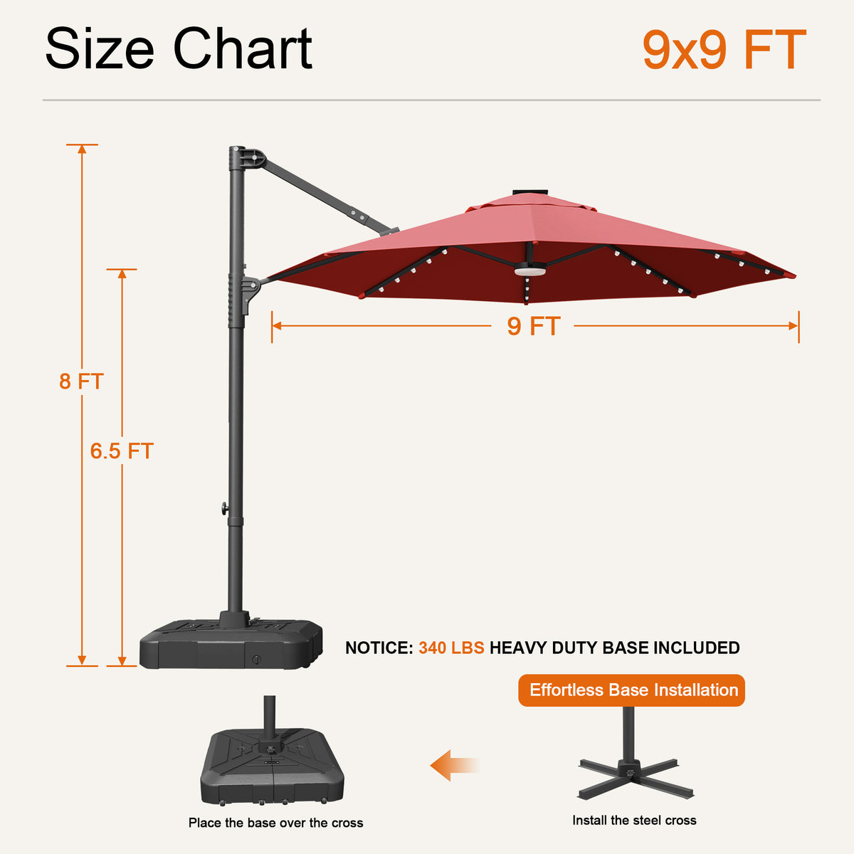 Burgundy Aegis Pro round LED cantilever umbrella size chart: 9 x 9 ft, 8 ft tall, 6.5 ft clearance - Sunshade
