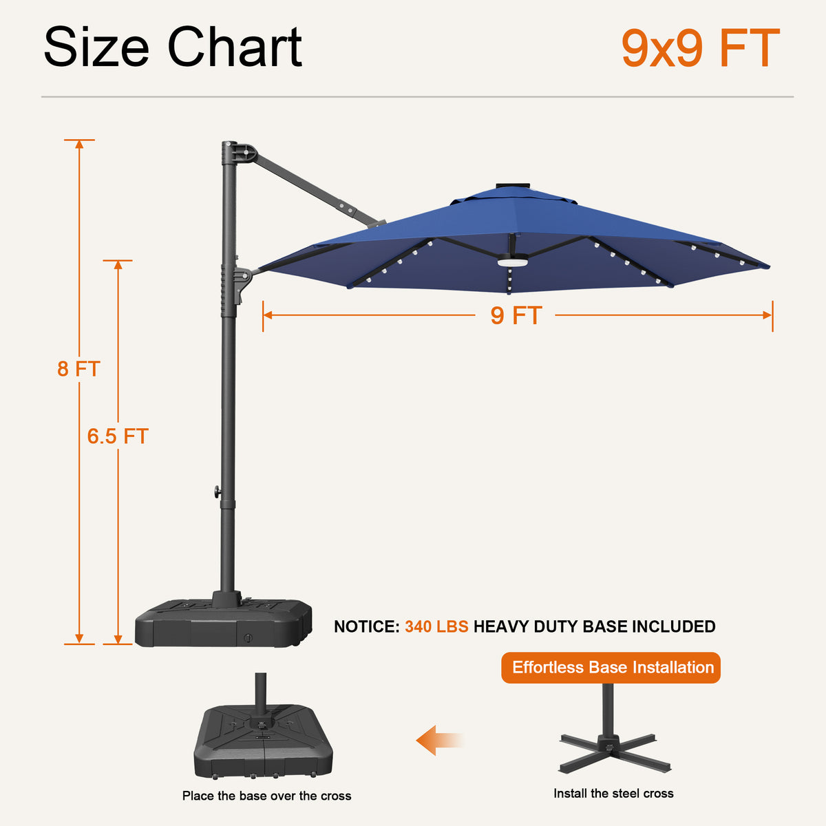 Navy blue Aegis Pro round LED cantilever umbrella size chart: 9 x 9 ft, 8 ft tall, 6.5 ft clearance - Sunshade