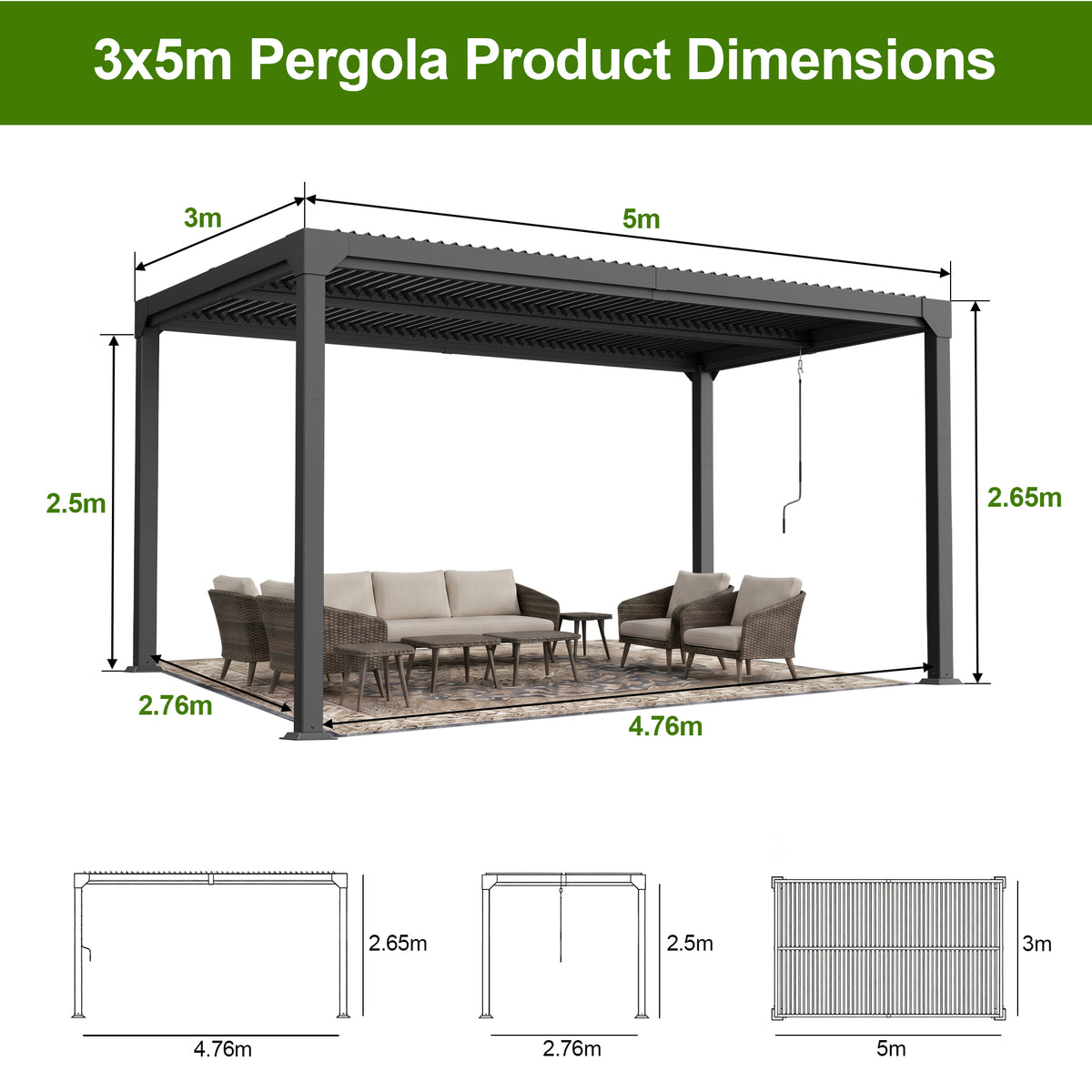 Sunshade Atlantic Freestanding Louvered Pergola with 0°–87° Adjustable Roof & Integrated Drainage