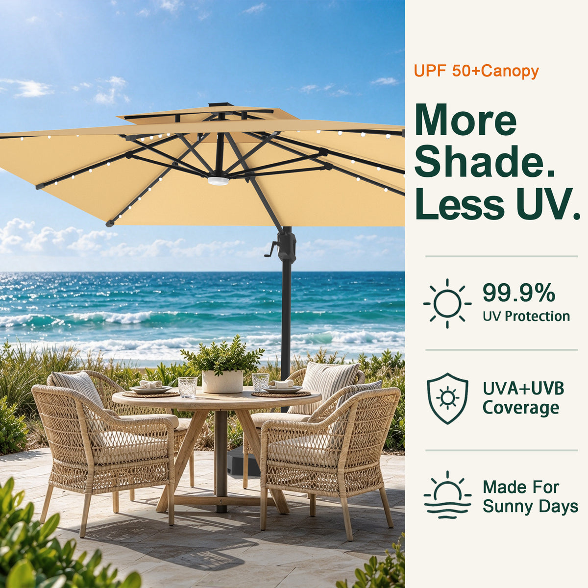 Beige LED cantilever umbrella with a UPF 50+ canopy shading a seaside dining set - Sunshade