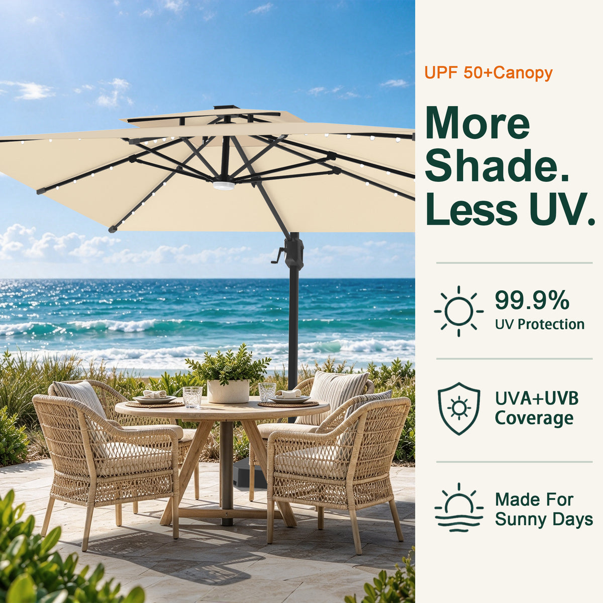 Cream LED cantilever umbrella with a UPF 50+ canopy shading a seaside dining set - Sunshade