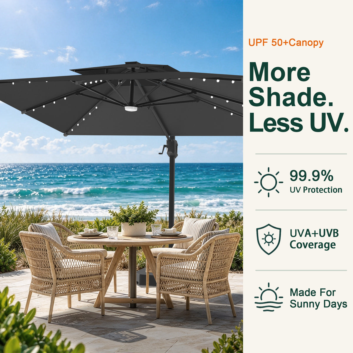 Black LED cantilever umbrella with a UPF 50+ canopy shading a seaside dining set - Sunshade