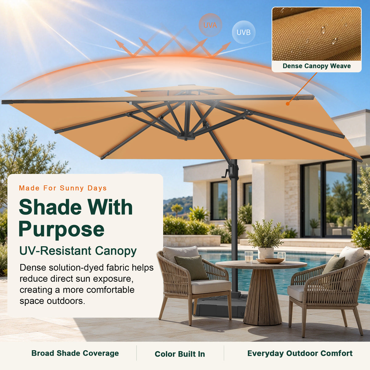 UV-resistant tan patio umbrella canopy with dense fabric for pool and backyard shade - Sunshade