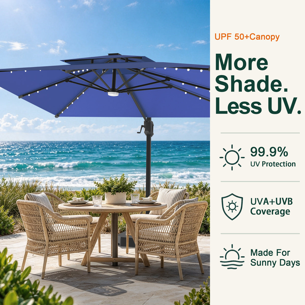 Navy Blue LED cantilever umbrella with a UPF 50+ canopy shading a seaside dining set - Sunshade