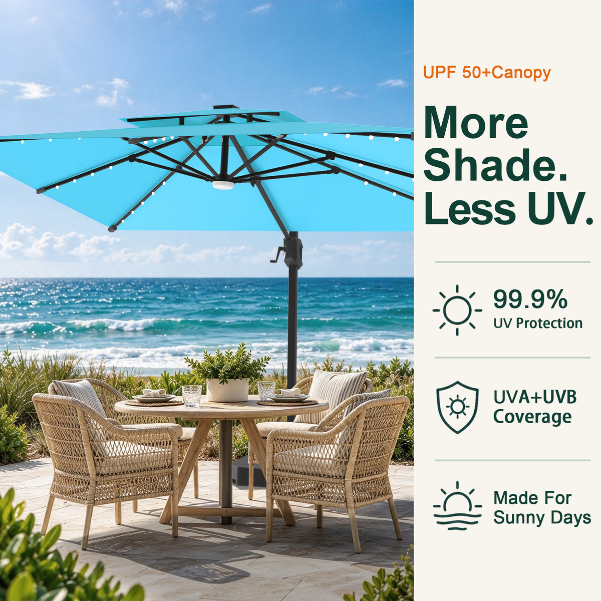 Turquoise LED cantilever umbrella with a UPF 50+ canopy shading a seaside dining set - Sunshade