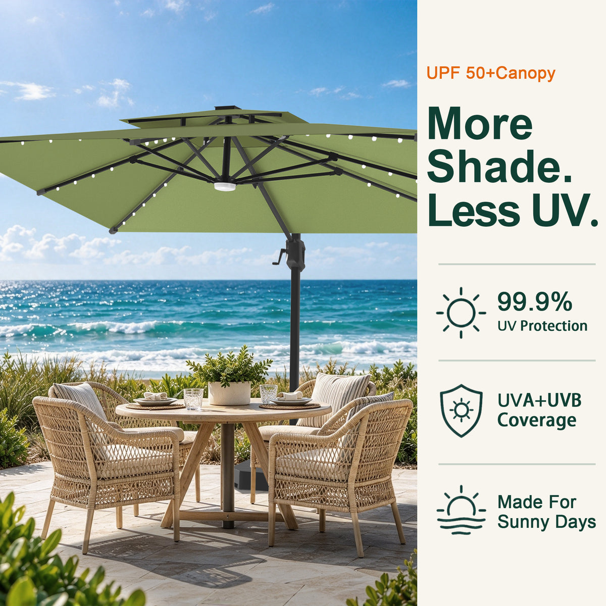 Sage Green LED cantilever umbrella with a UPF 50+ canopy shading a seaside dining set - Sunshade
