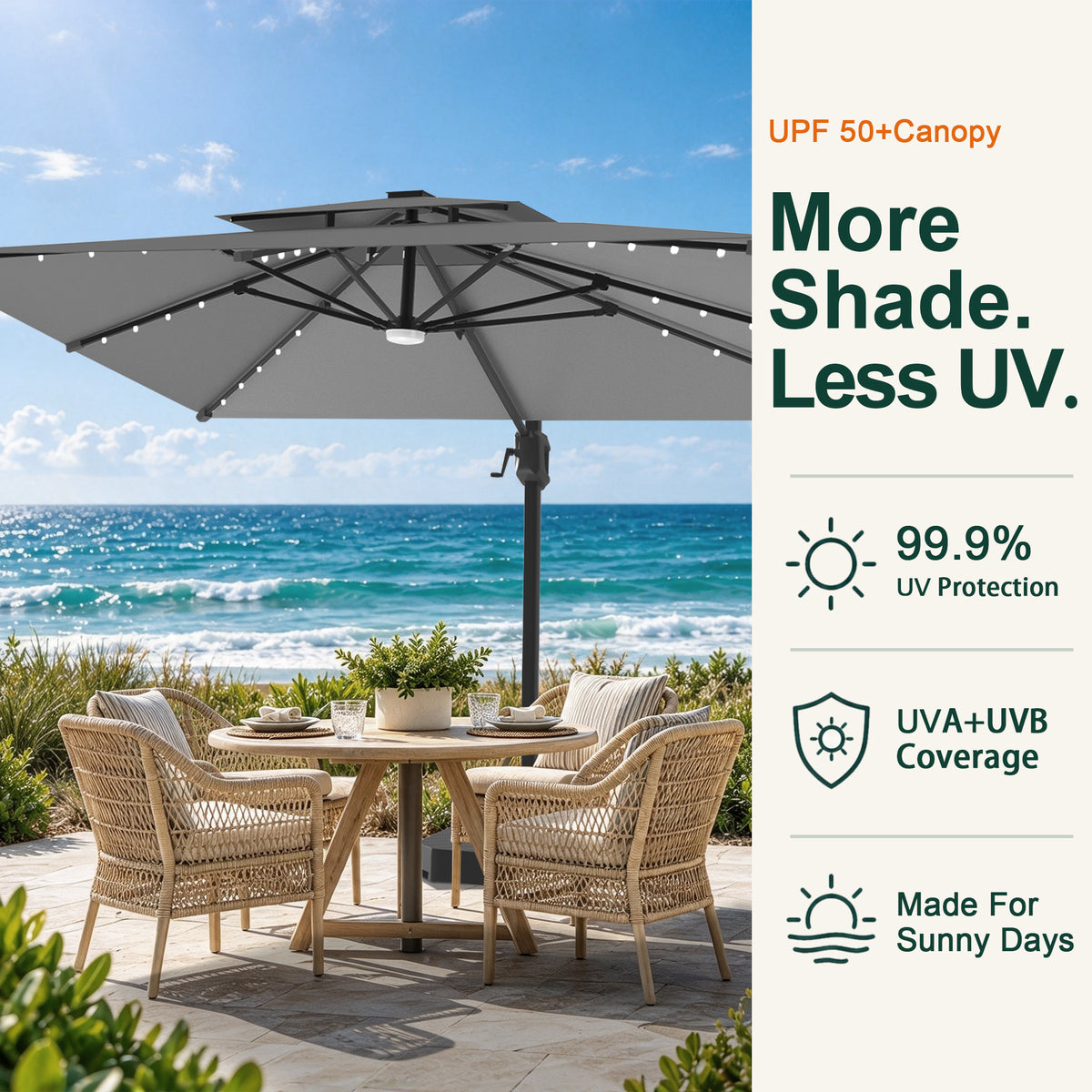 Charcoal LED cantilever umbrella with a UPF 50+ canopy shading a seaside dining set - Sunshade
