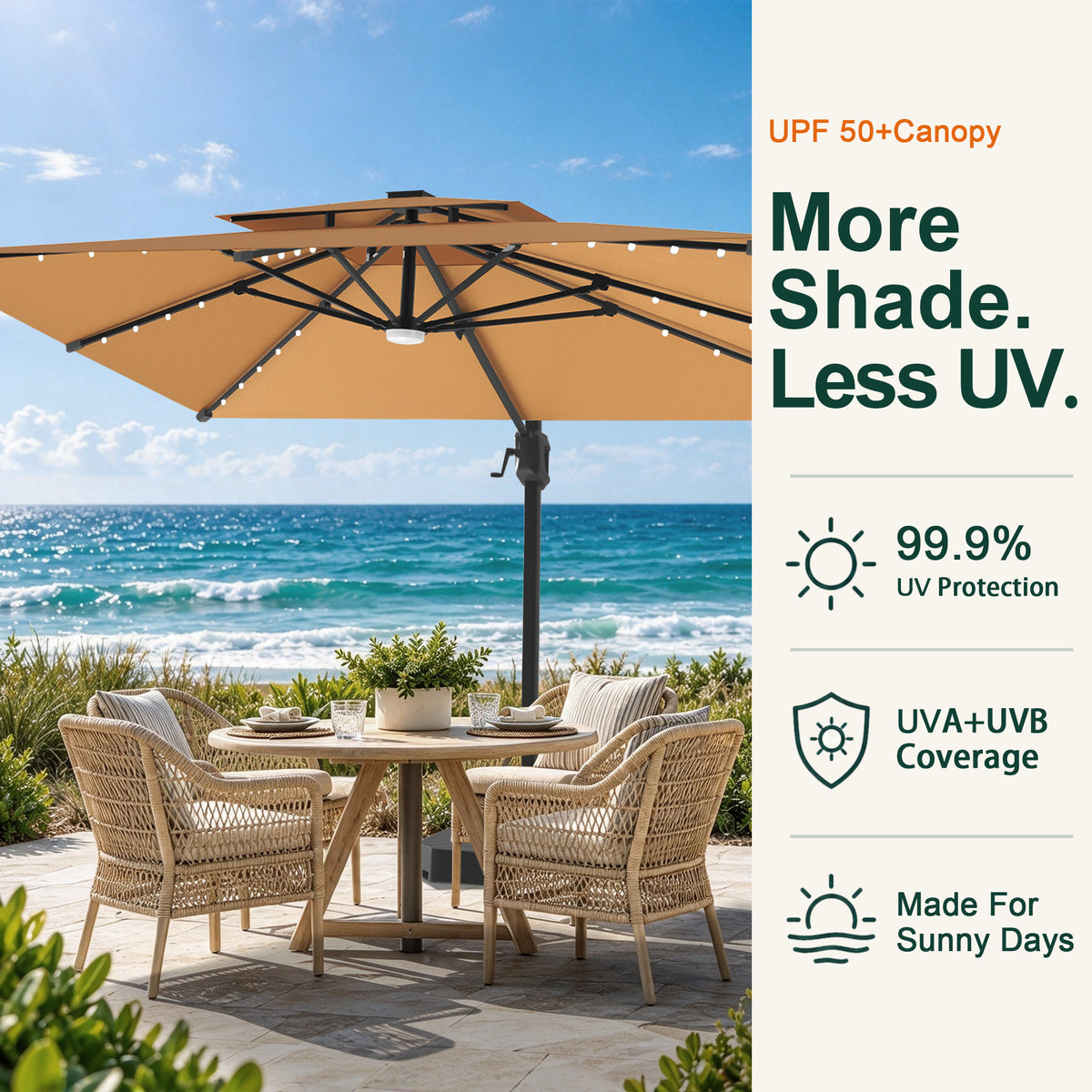 Tan LED cantilever umbrella with a UPF 50+ canopy shading a seaside dining set - Sunshade