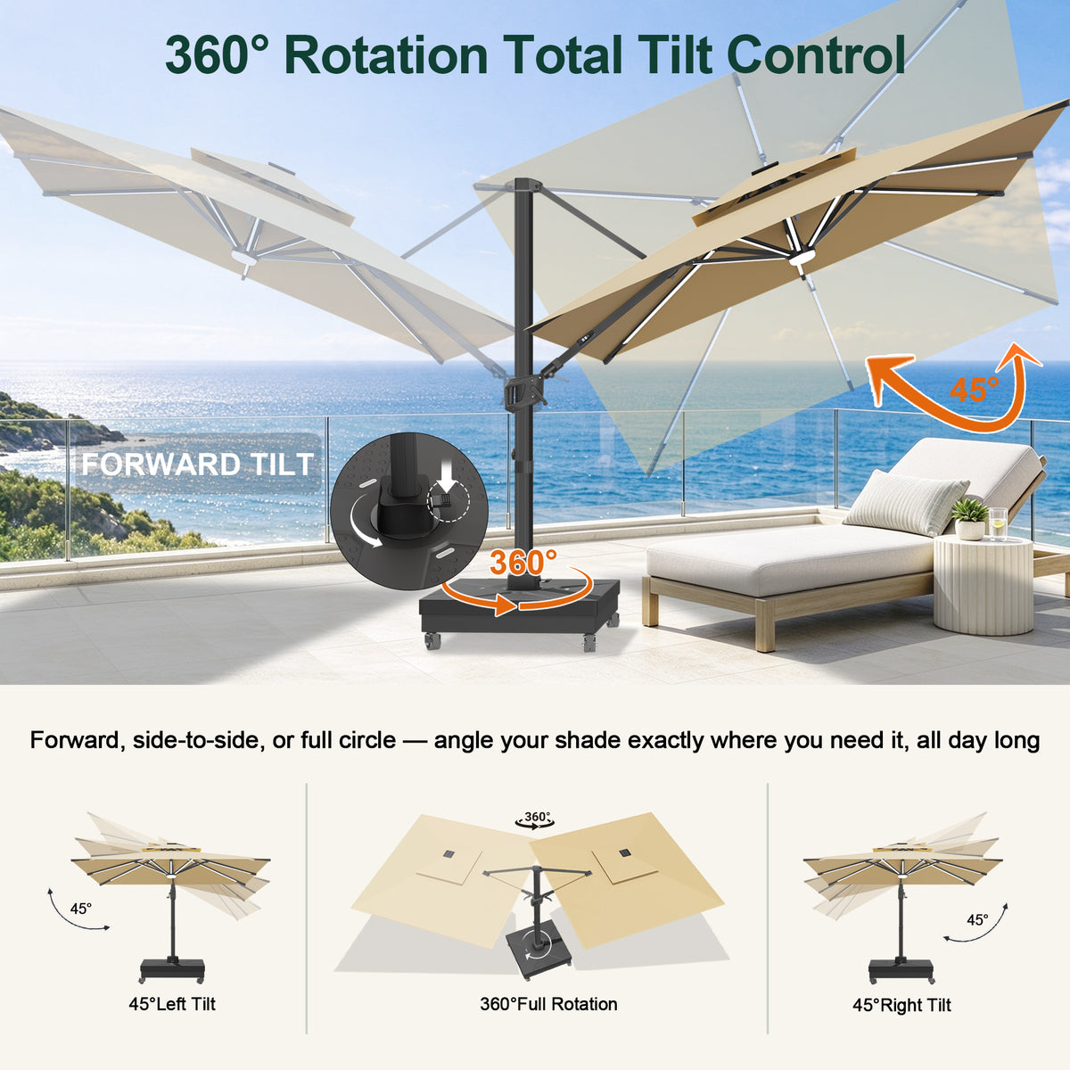 Beige cantilever umbrella showing 360° rotation and 45° left and right tilt - Sunshade
