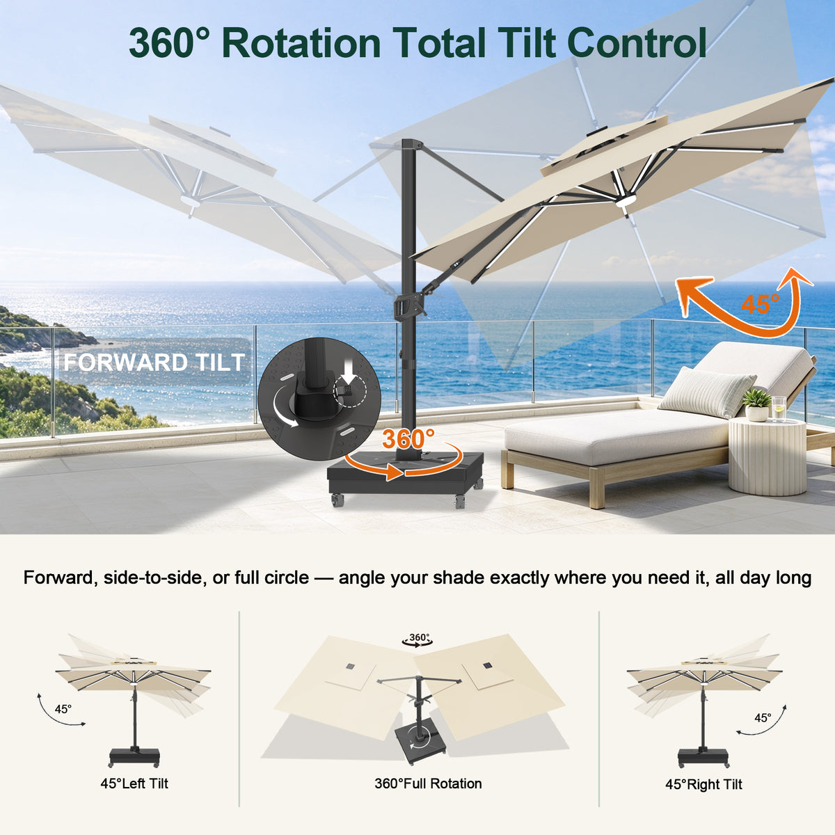 Cream cantilever umbrella showing 360° rotation and 45° left and right tilt - Sunshade