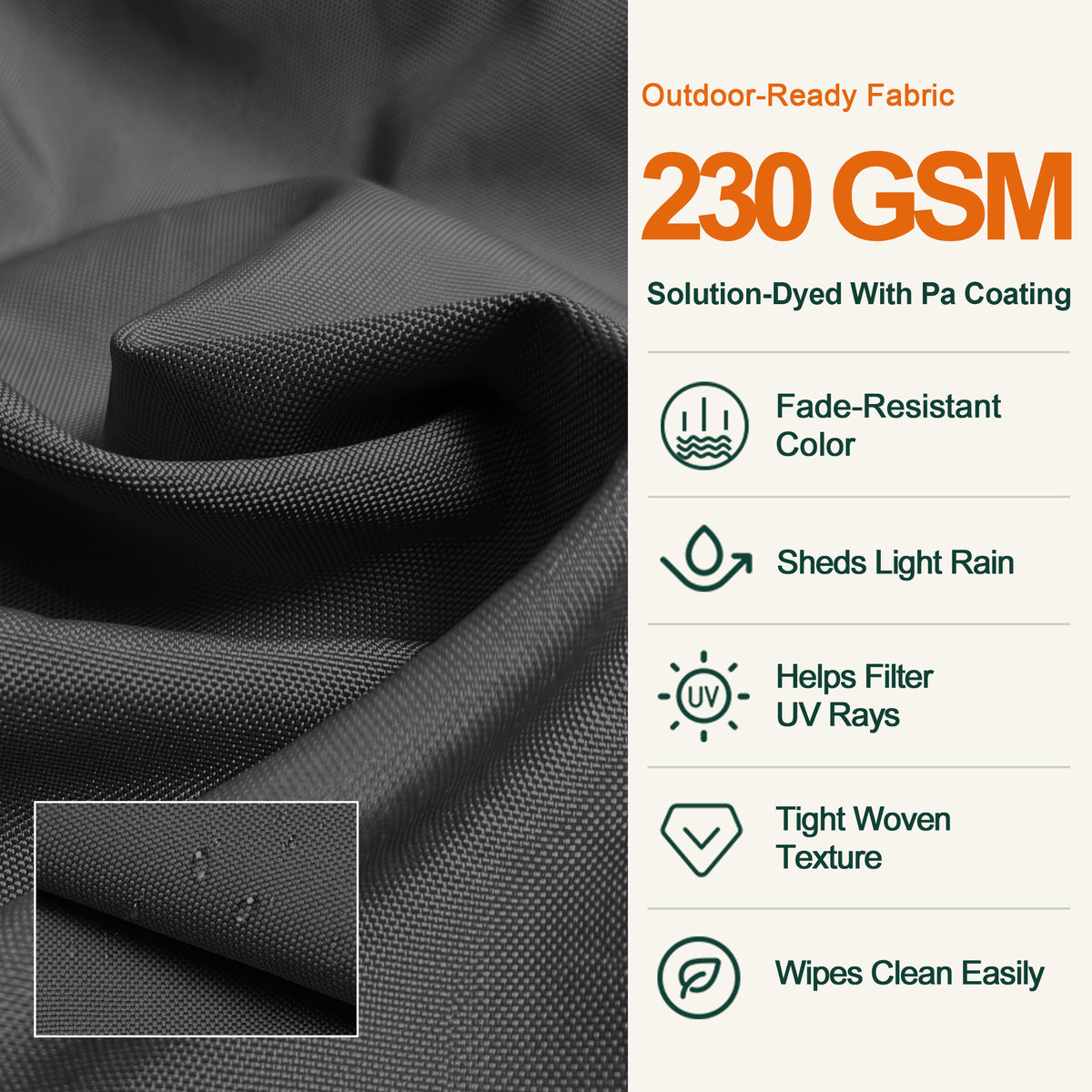 Close-up of black 230 GSM solution-dyed umbrella fabric with a PA coating - Sunshade