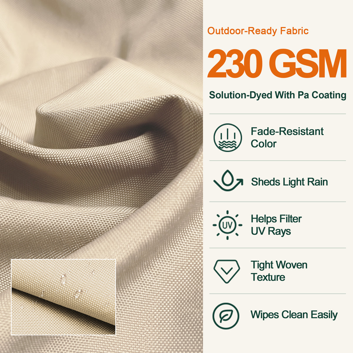 Close-up of cream 230 GSM solution-dyed umbrella fabric with a PA coating - Sunshade