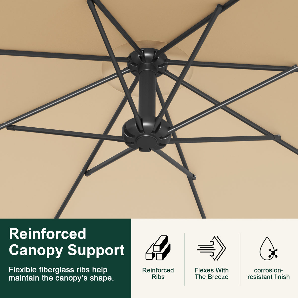Underside detail of reinforced fiberglass ribs supporting a beige cantilever umbrella canopy - Sunshade