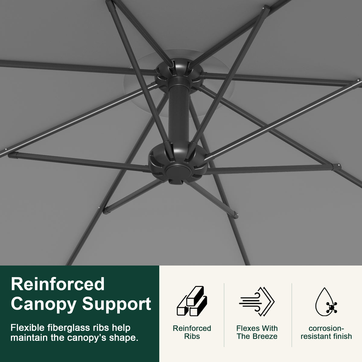 Underside detail of reinforced fiberglass ribs supporting a charcoal cantilever umbrella canopy - Sunshade