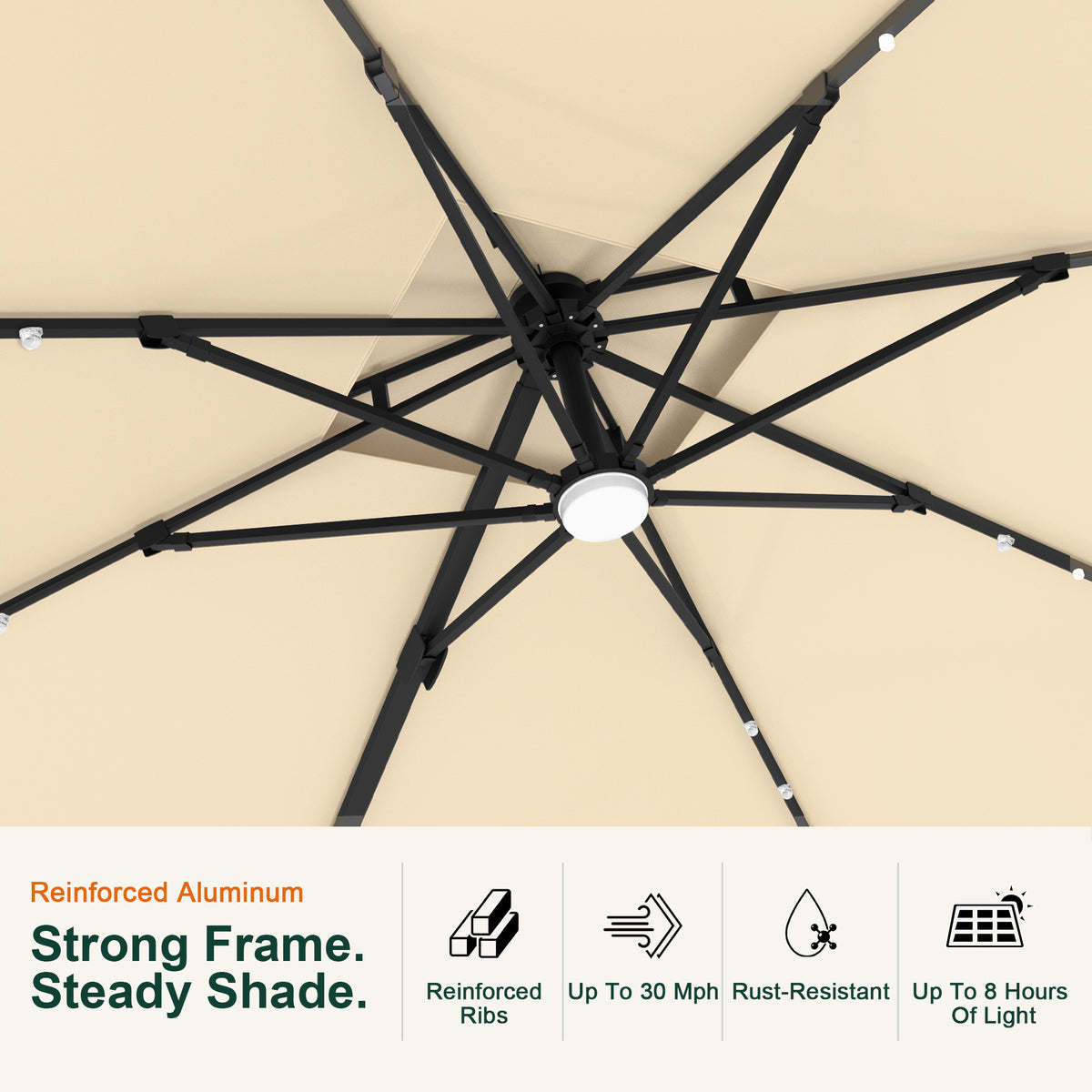 Underside detail of the Aegis Pro cantilever umbrella showing reinforced ribs and LED lights - Sunshade