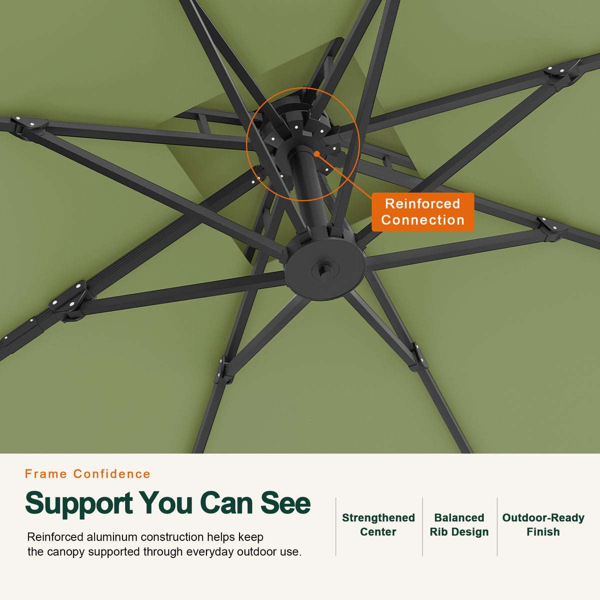 Reinforced sage green aluminum umbrella frame with strengthened center hub and balanced ribs - Sunshade