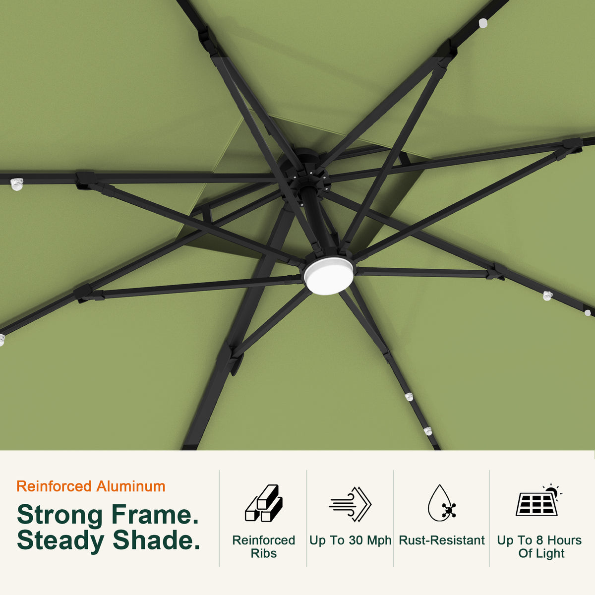 Underside detail of the Aegis Pro cantilever umbrella showing reinforced ribs and LED lights - Sunshade