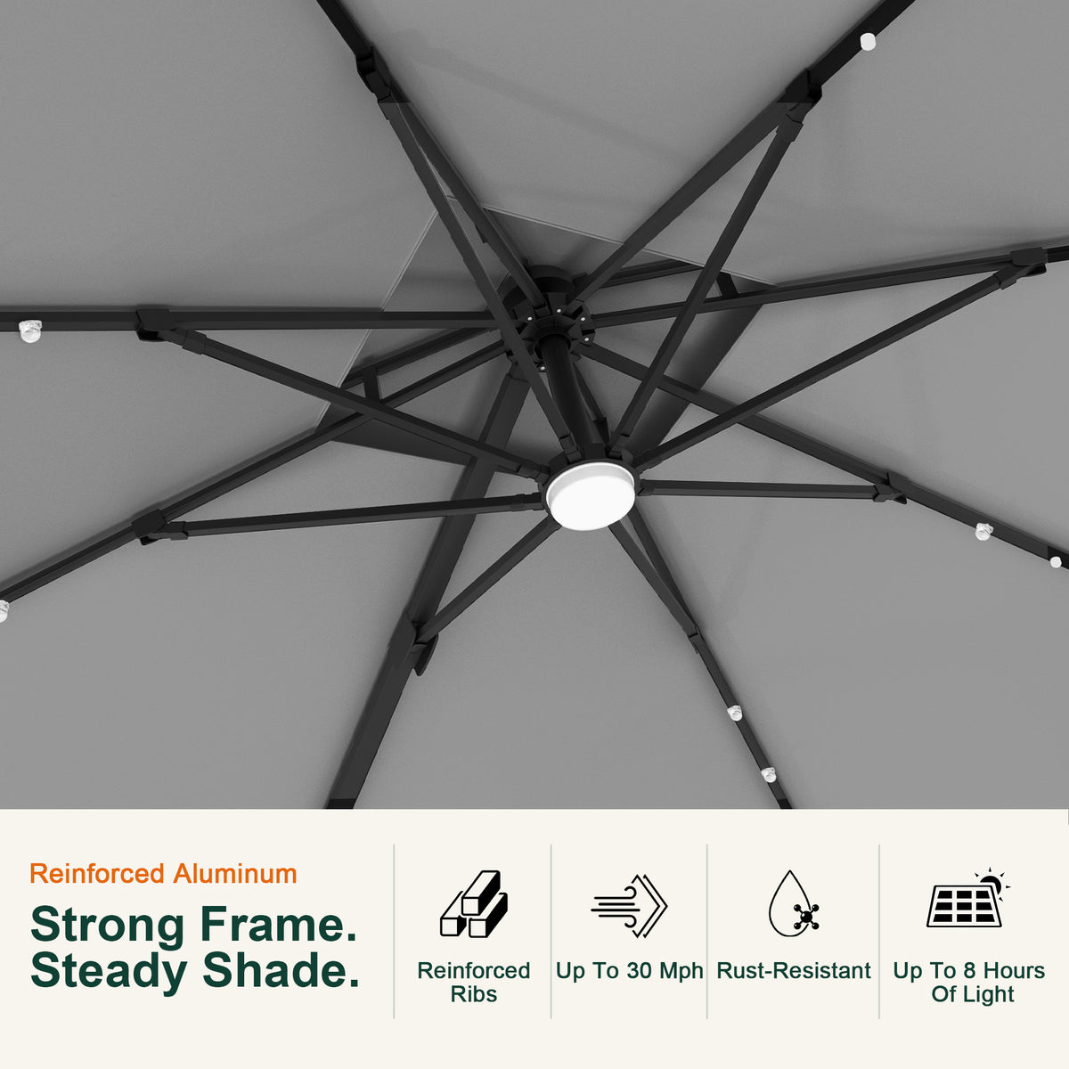 Underside detail of the Aegis Pro cantilever umbrella showing reinforced ribs and LED lights - Sunshade