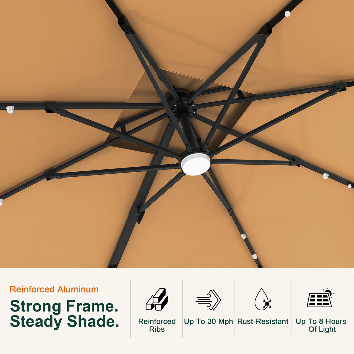 Underside detail of the Aegis Pro cantilever umbrella showing reinforced ribs and LED lights - Sunshade