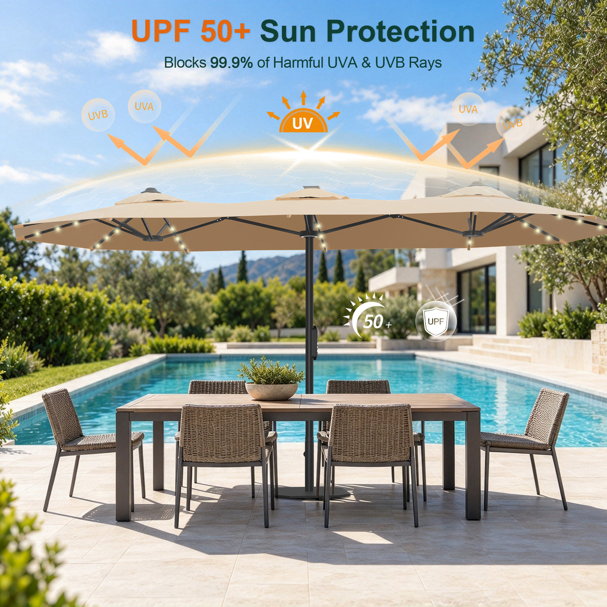 Beige patio umbrella with reinforced triangular supports, heavy-duty connectors, integrated controls, and LED lighting  Beige - Sunshade