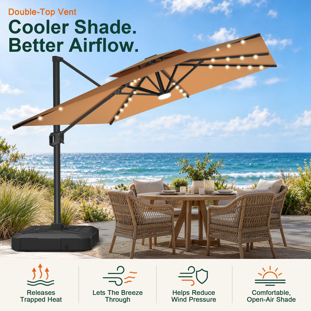 Tan LED cantilever umbrella with a double-top vent over a seaside patio dining set - Sunshade
