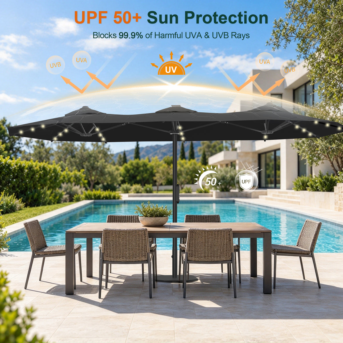 Premium Motorized Double-Sided Patio Umbrella with Remote Control & Solar LED Lights — Effortless Shade for Modern Outdoor Living