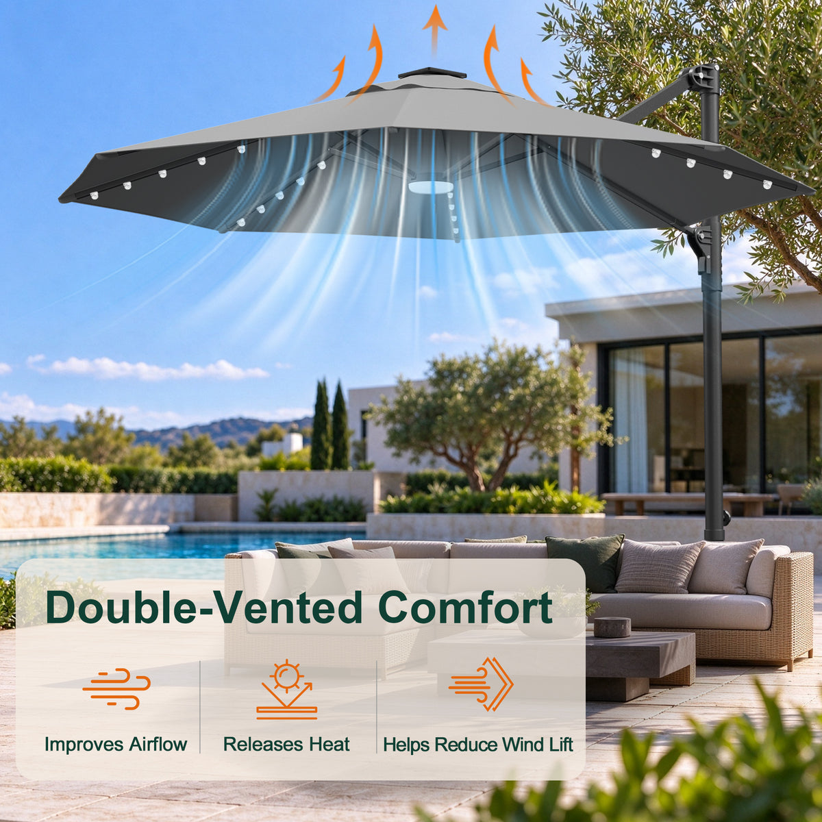 Charcoal round cantilever umbrella with a double-vented canopy and built-in LED lights - Sunshade