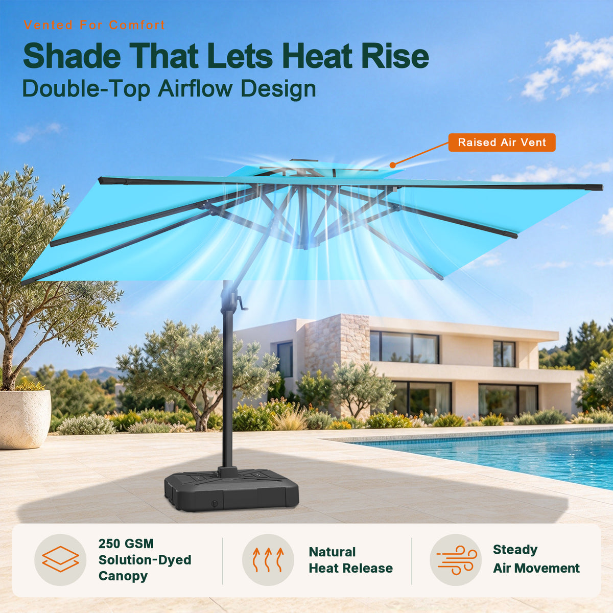 Cantilever turquoise patio umbrella with 360-degree foot-pedal rotation for easy shade adjustment - Sunshade