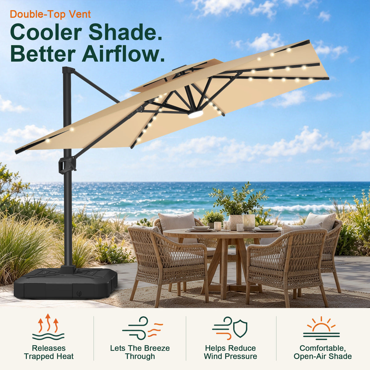 Cream LED cantilever umbrella with a double-top vent over a seaside patio dining set - Sunshade