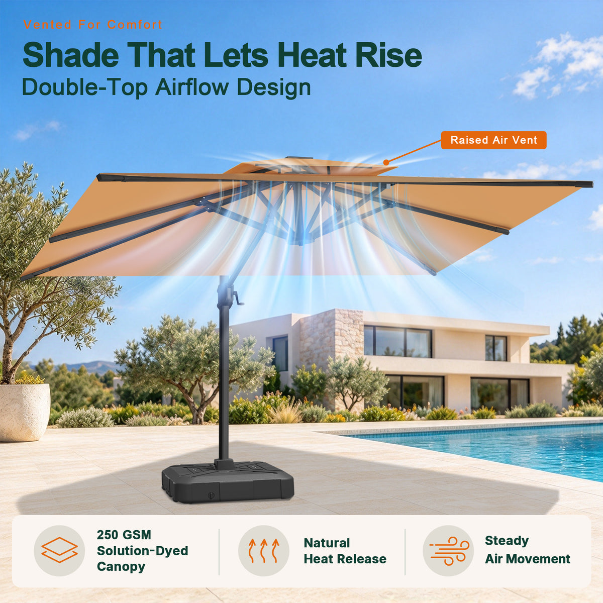 Double-top vented tan patio umbrella with raised air vent for heat release and stability - Sunshade