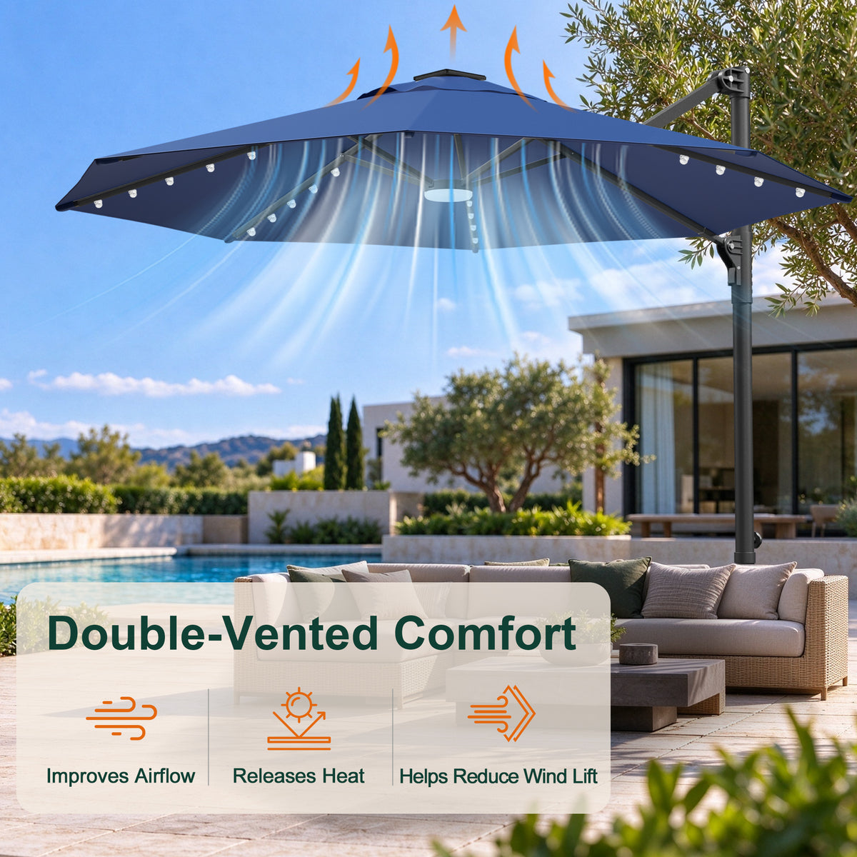 Navy Blue Round cantilever umbrella with foot-pedal control for 360° rotation - Sunshade