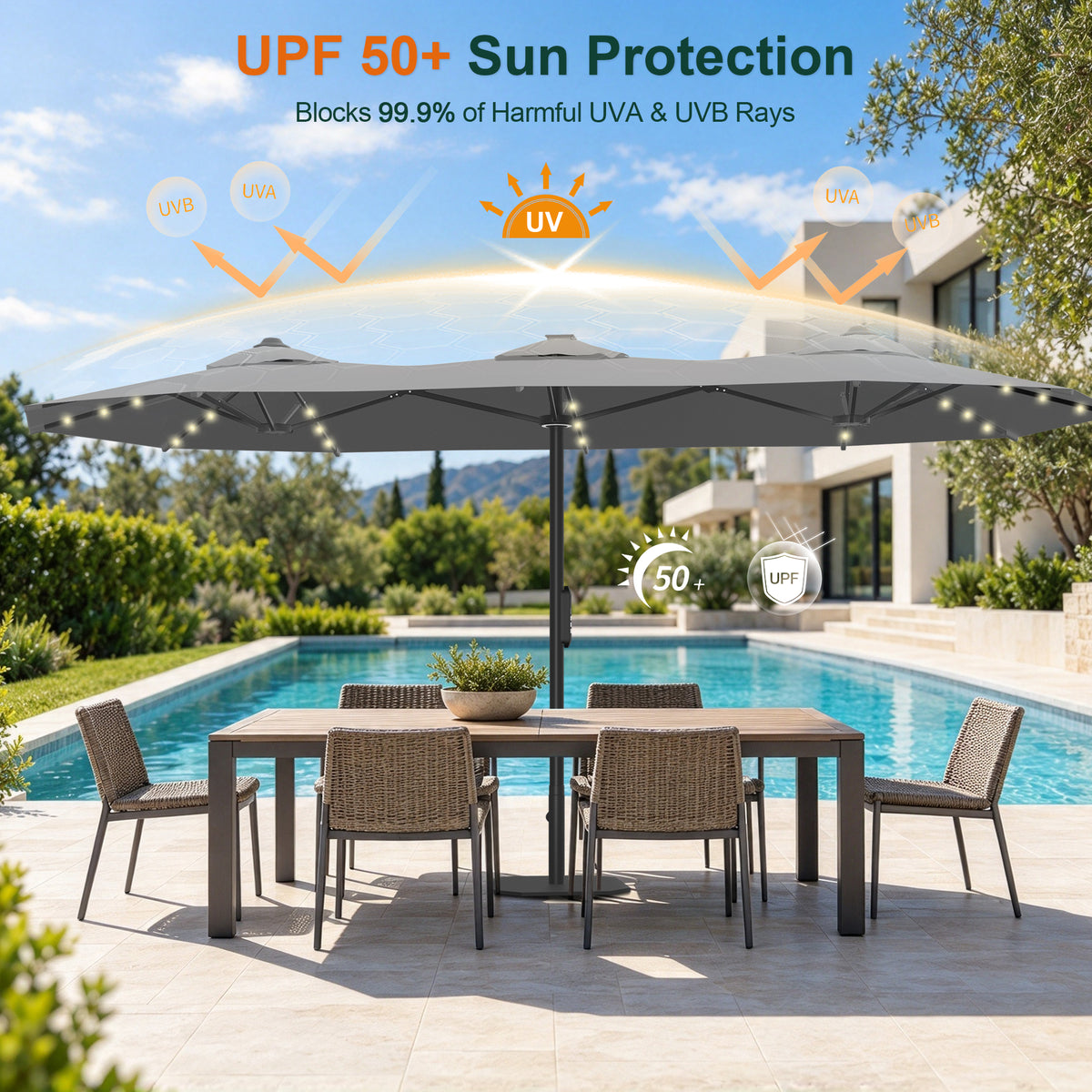 Premium Motorized Double-Sided Patio Umbrella with Remote Control & Solar LED Lights — Effortless Shade for Modern Outdoor Living