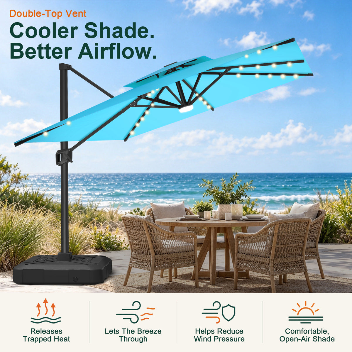 Turquoise LED cantilever umbrella with a double-top vent over a seaside patio dining set - Sunshade