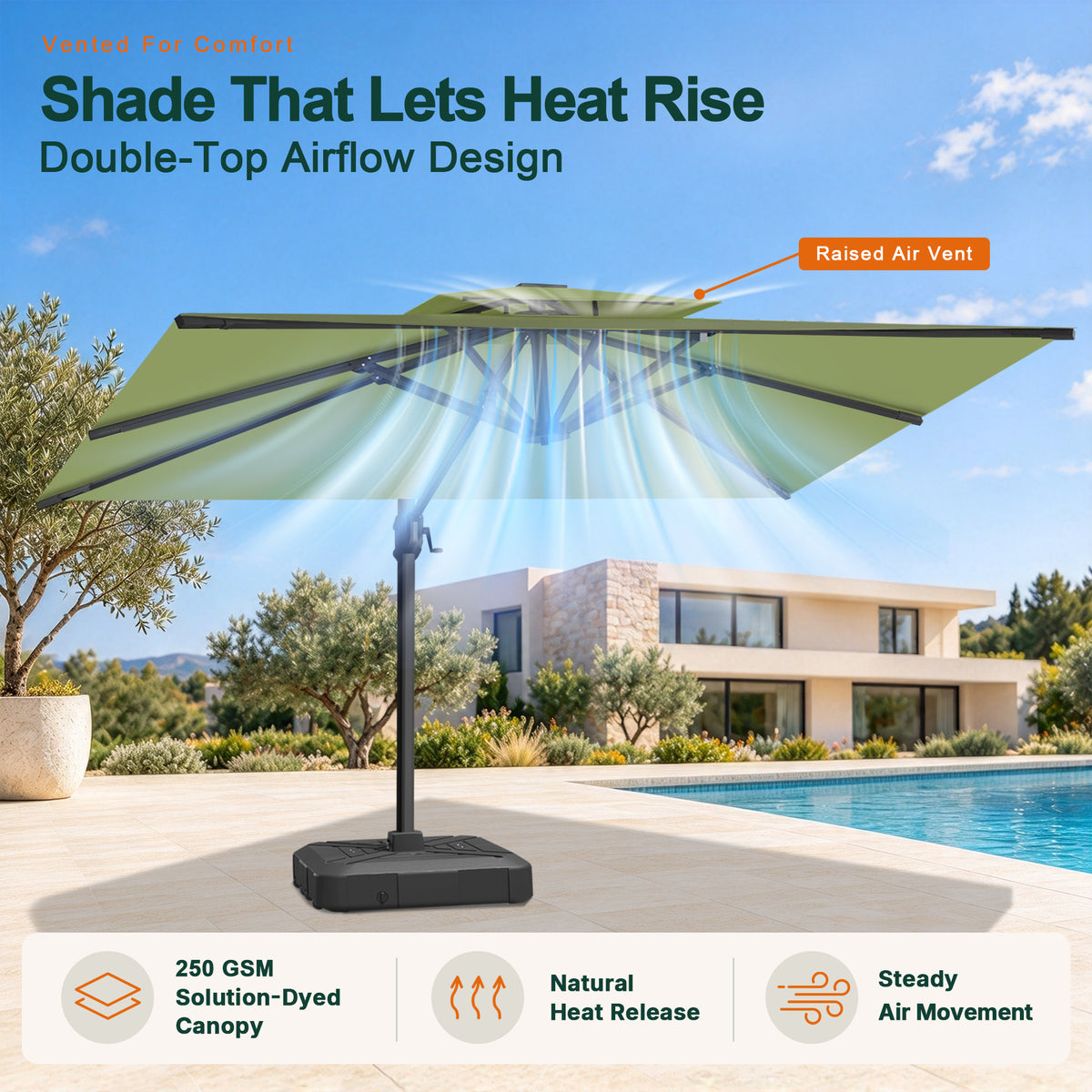 Cantilever sage green patio umbrella with 360-degree foot-pedal rotation for easy shade adjustment - Sunshade