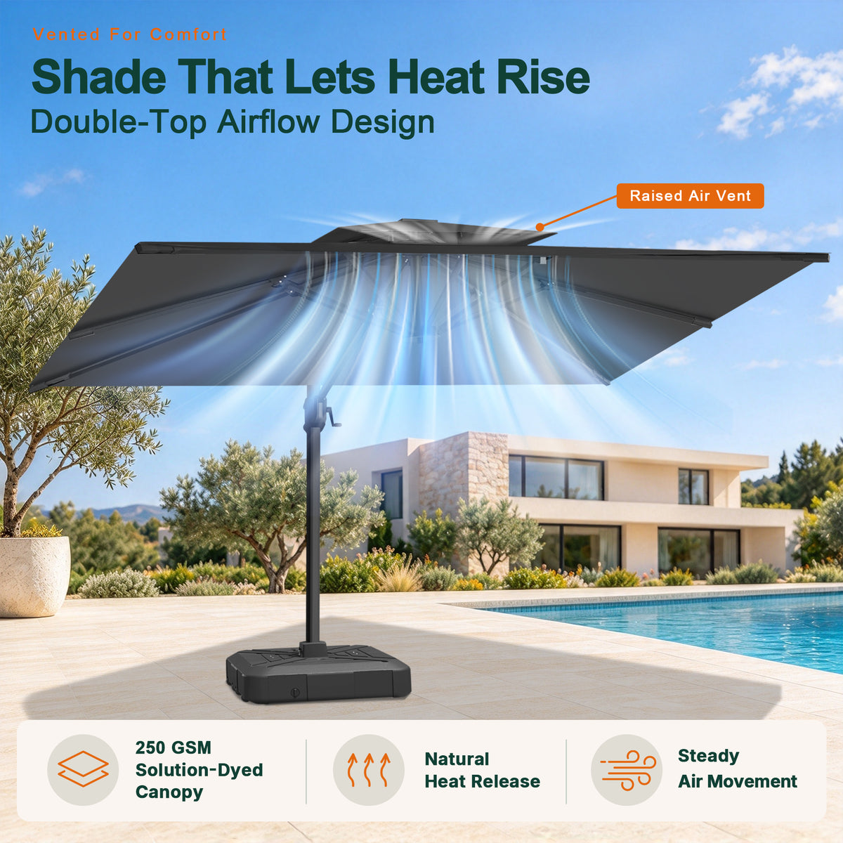 Cantilever black patio umbrella with 360-degree foot-pedal rotation for easy shade adjustment - Sunshade
