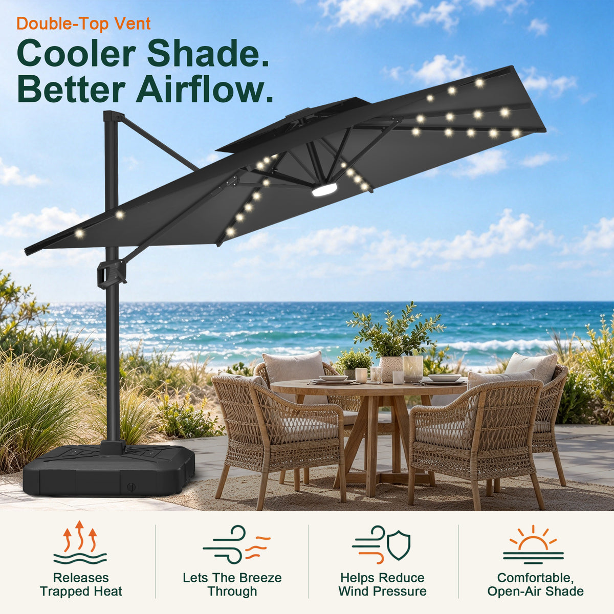 Black LED cantilever umbrella with a double-top vent over a seaside patio dining set - Sunshade