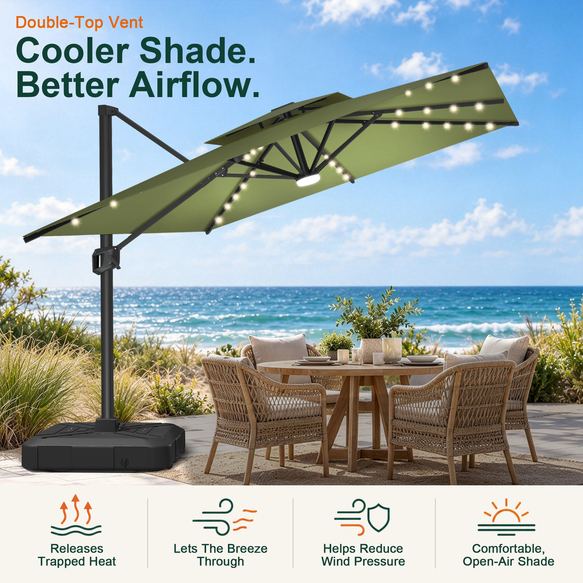 Sage Green LED cantilever umbrella with a double-top vent over a seaside patio dining set - Sunshade