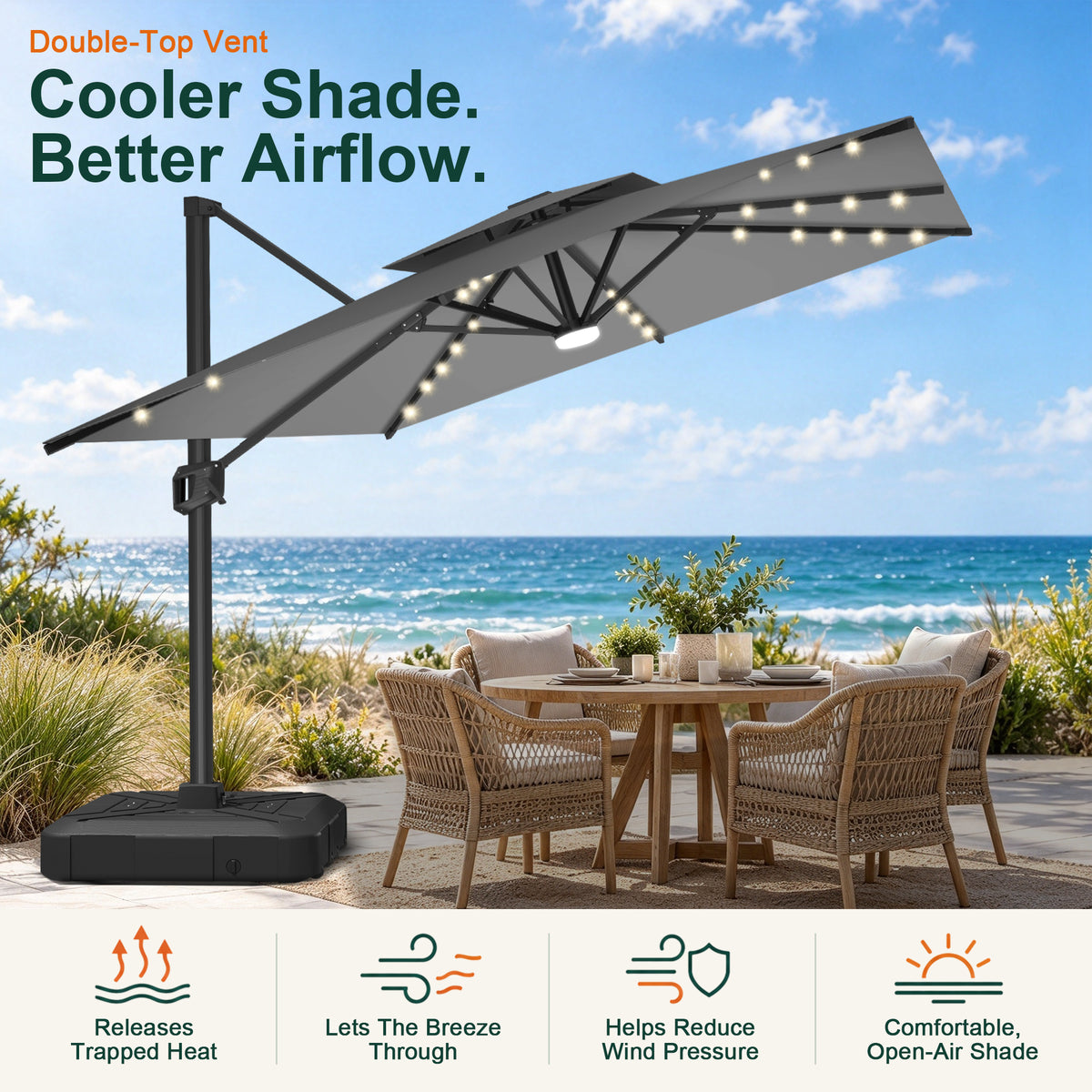Charcoal LED cantilever umbrella with a double-top vent over a seaside patio dining set - Sunshade