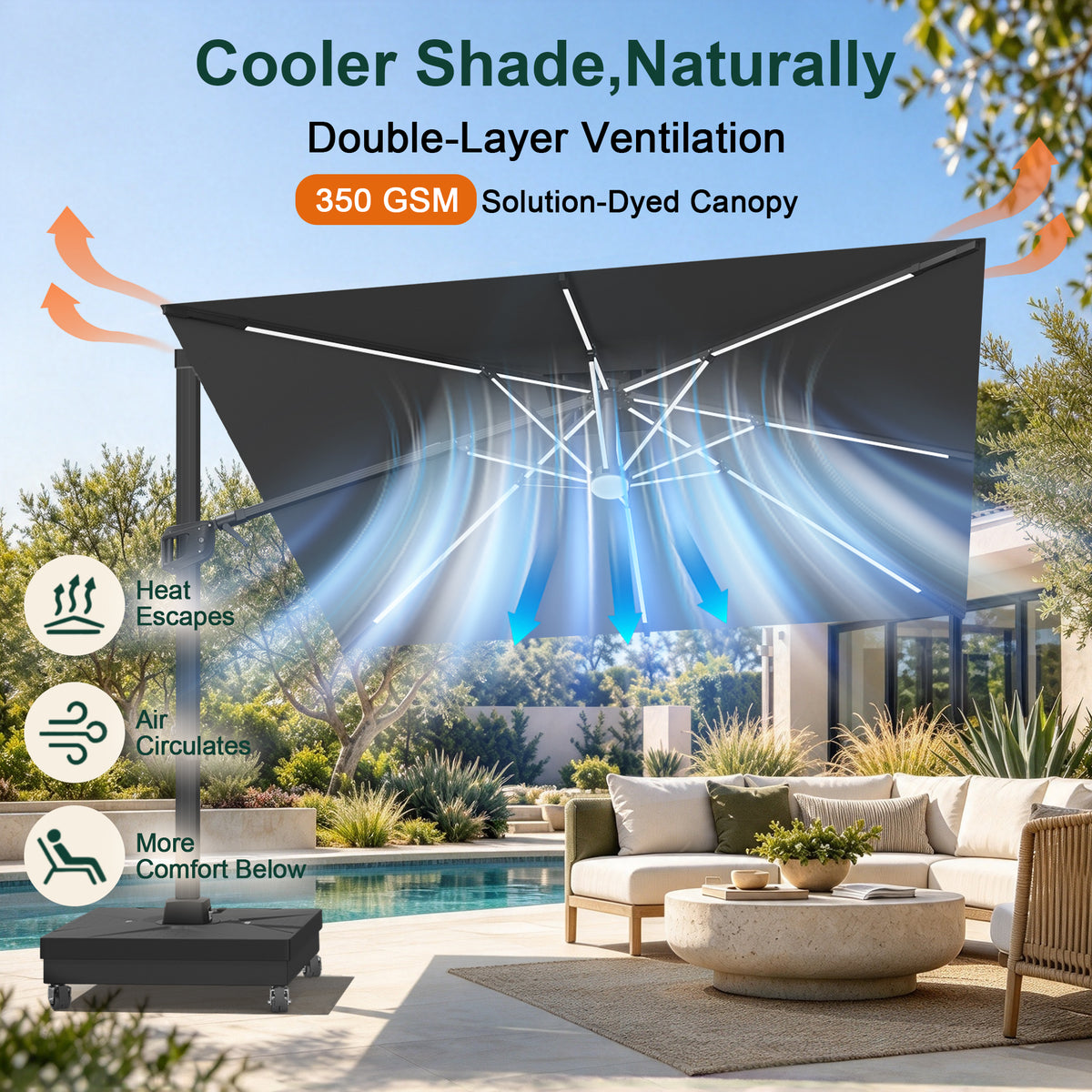 Black cantilever umbrella with a double-layer vented canopy over a poolside patio - Sunshade